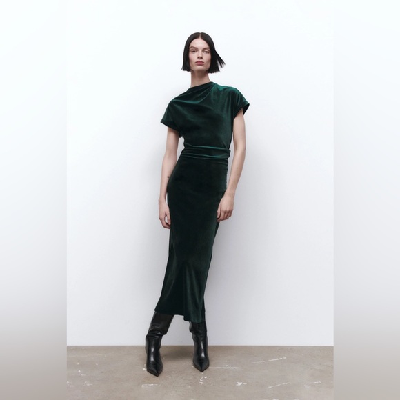 ZARA ~ Green Draped Velvet Dress - Picture 3 of 12